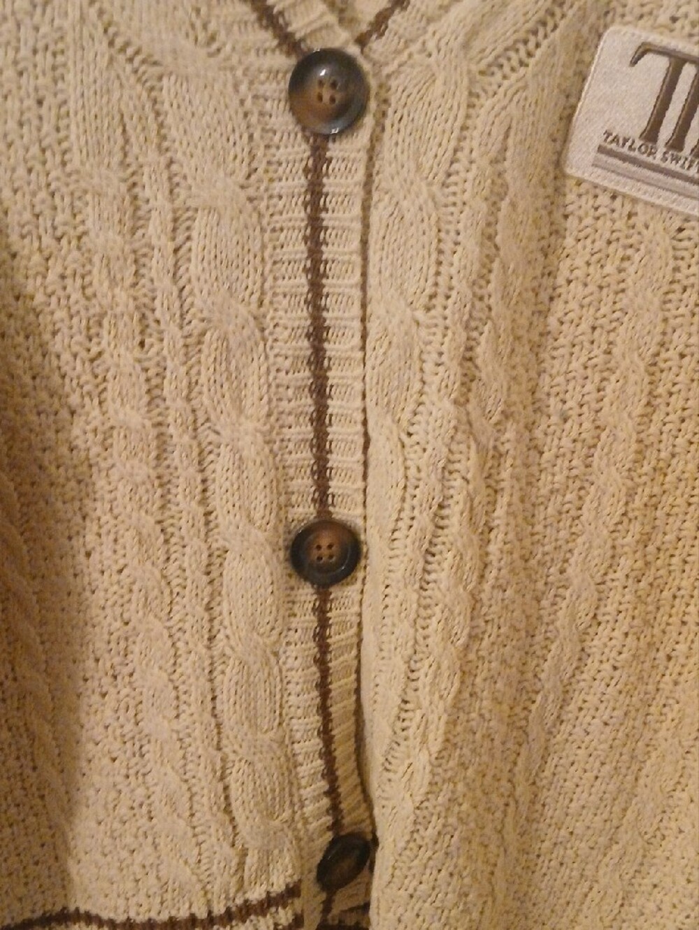 Taylor Swift Ladies Cream Cable Knit Cardigan with Brown Trim & Embroidery. - Picture 4 of 11